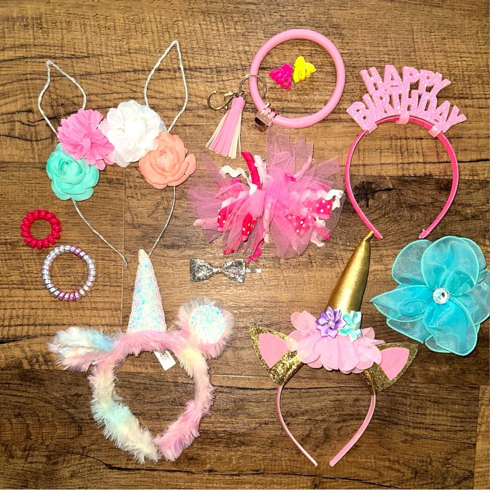 Colorful themed Unicorn, bunny, floral Birthday Headband & Accessories Set Lot